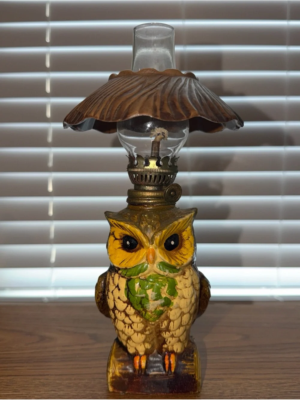 Vintage Owl Oil Lamp - Yellow & Brown Ceramic